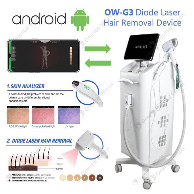 Android System Diodo Máquina de remoção de cabelo com analisador de pele